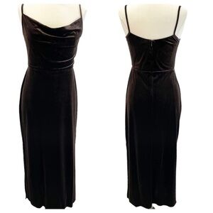 Taylor size 6 black velvet cowl neck midi dress with spaghetti straps.